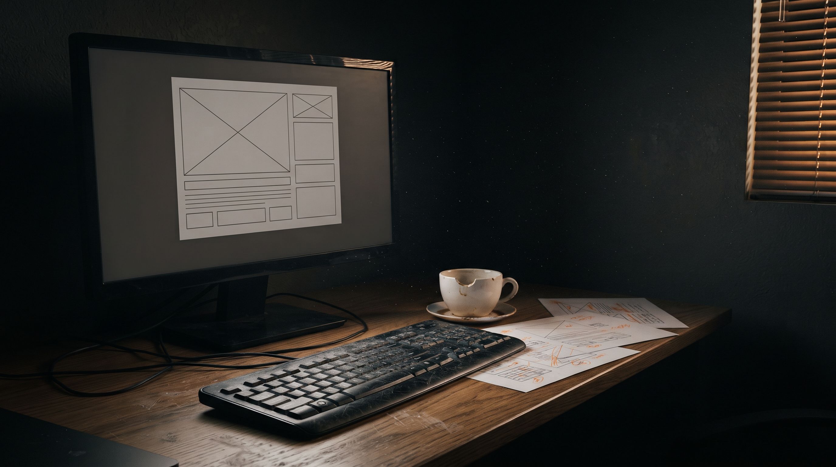 A studio desk before dawn: a monitor showing an abstract page wireframe lights the room, next to a keyboard, a cold coffee and printed layouts marked up in orange pen. Warm first light enters through a window blind at the right.