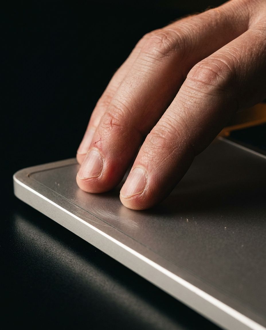 Close detail of fingertips resting on a worn aluminium trackpad, lit hard from one side.