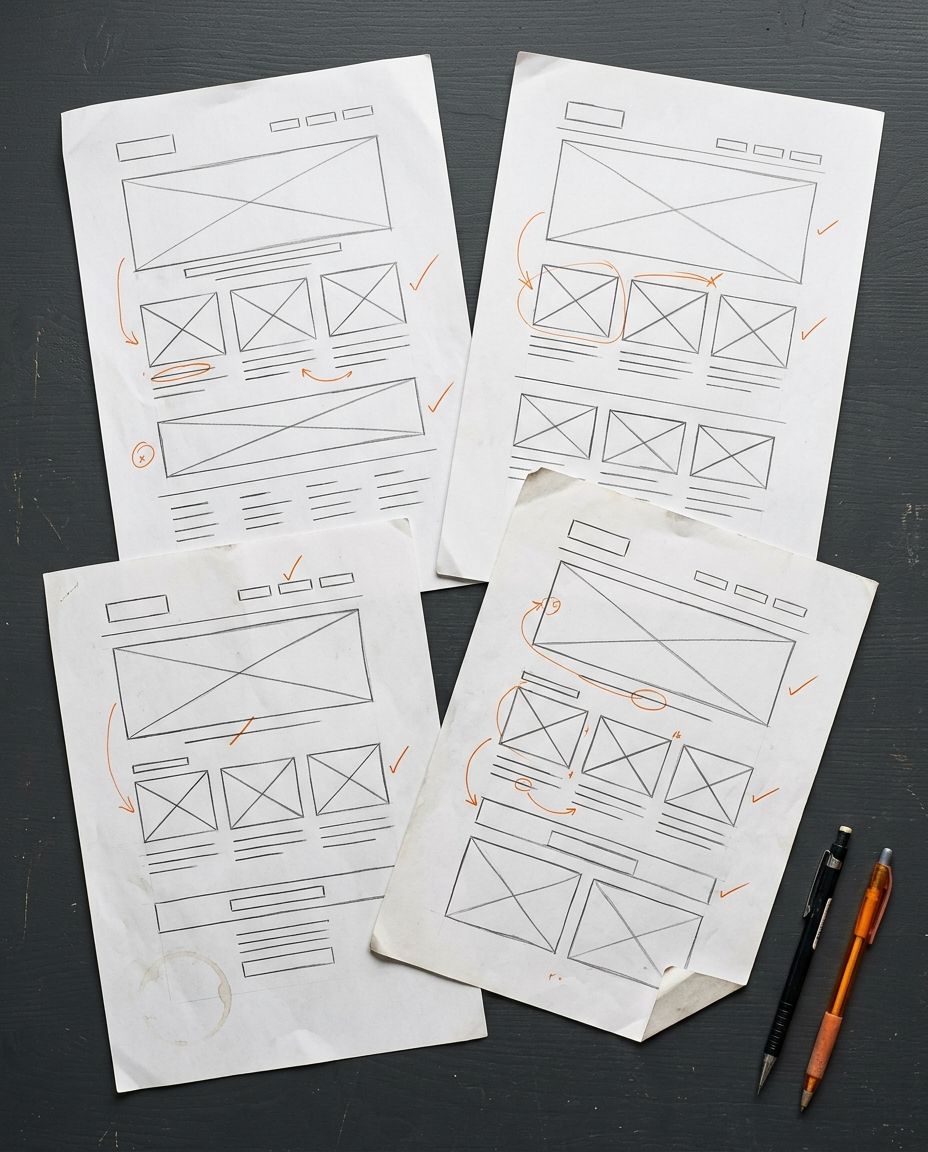Four printed page wireframes on a dark desk, annotated in orange pen with circles, arrows and check marks, beside a pencil and a pen.