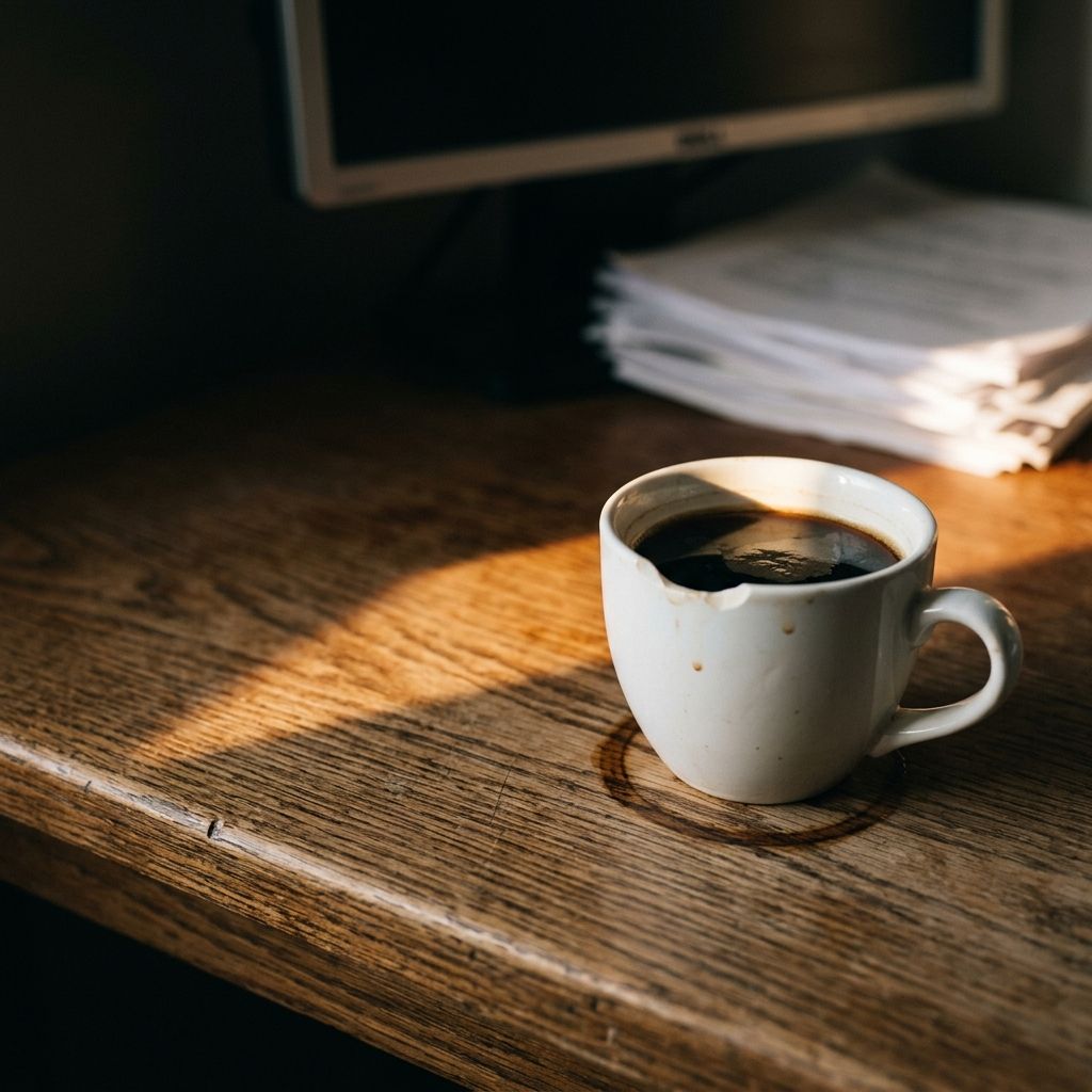 A chipped mug of cold coffee on a wooden desk, cut by a hard band of early morning sunlight.
